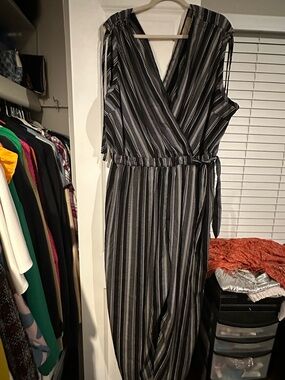 Black and White Striped V-Neck Wrap Jumpsuit